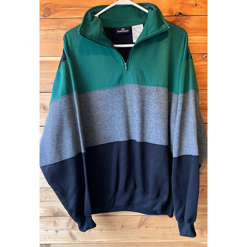 Puritan Quarter Zip Pullover Mens Large Green Gray Black Excellent Colorblock